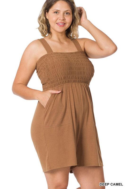 Plus Size smocked top romper with pockets in deep camel - Esme and Elodie