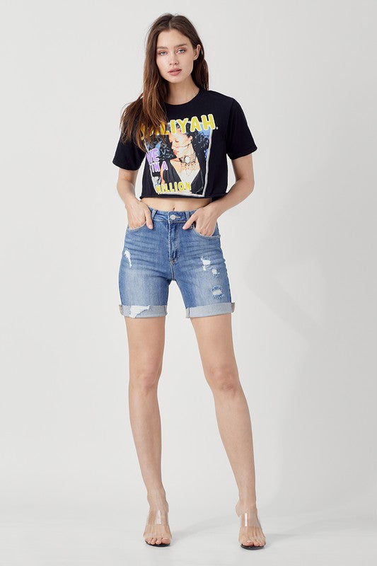 Plus size Risen  high rise distressed boyfriend shorts