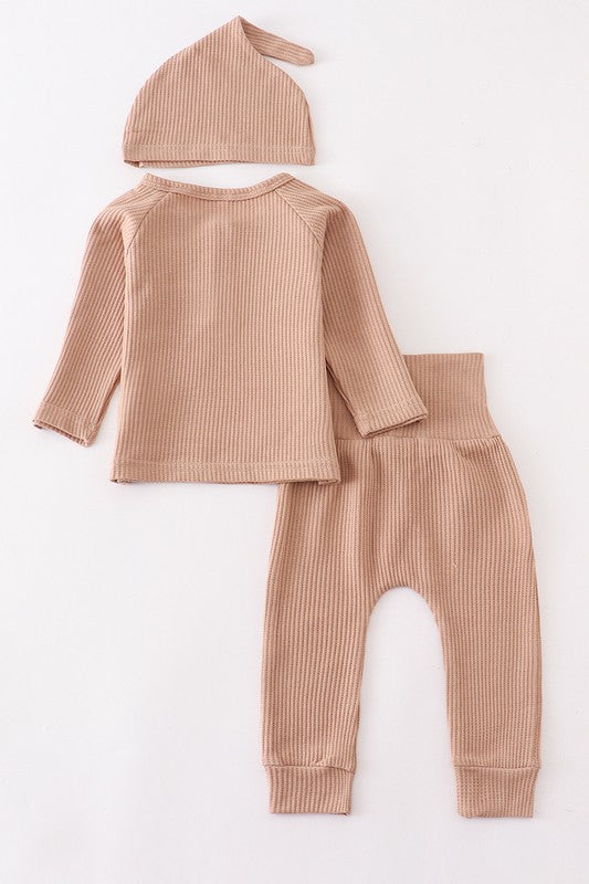 Infant Baby Gender Neutral 3 Piece Ribbed Set with Knotted Hat In Light Camel