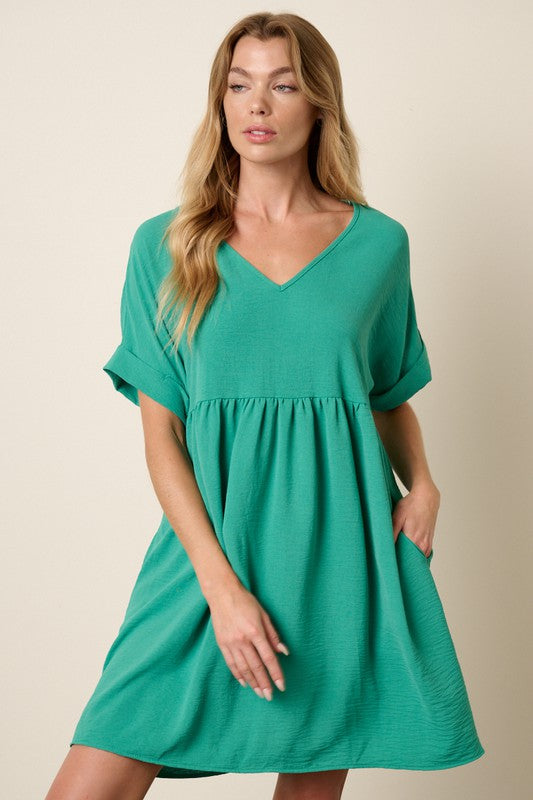 Womens and Plus size airflow woven dress with dolman short sleeves in teal