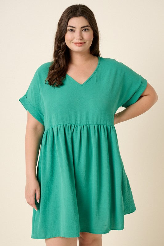Womens and Plus size airflow woven dress with dolman short sleeves in teal