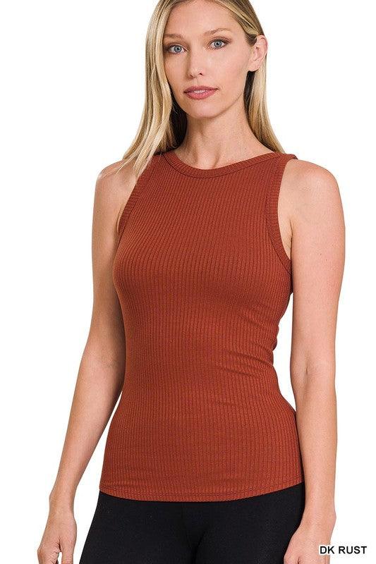 Womens soft ribbed crew neck tank top in Rust - Esme and Elodie