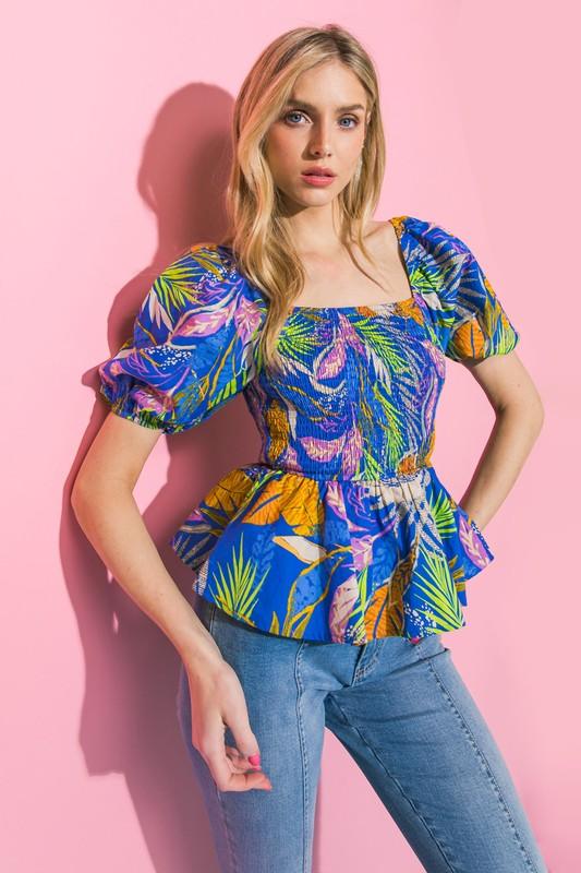 Womens tropical paradise smocked bodice top - Esme and Elodie