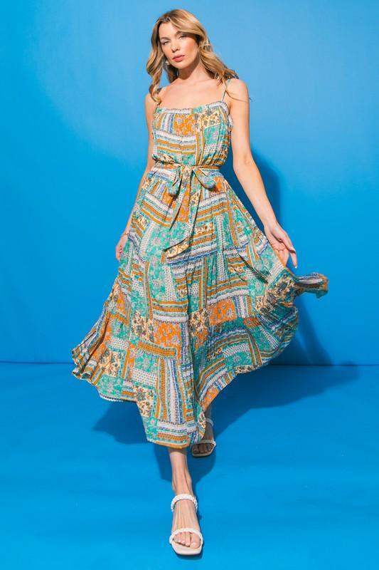 Womens Caribbean Dream printed woven midi dress - Esme and Elodie