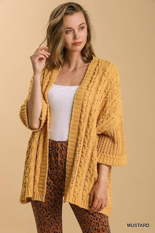 Womens 3/4 Folded Sleeve Open Front Cable Knit Sweater Cardigan in Mustard - Esme and Elodie