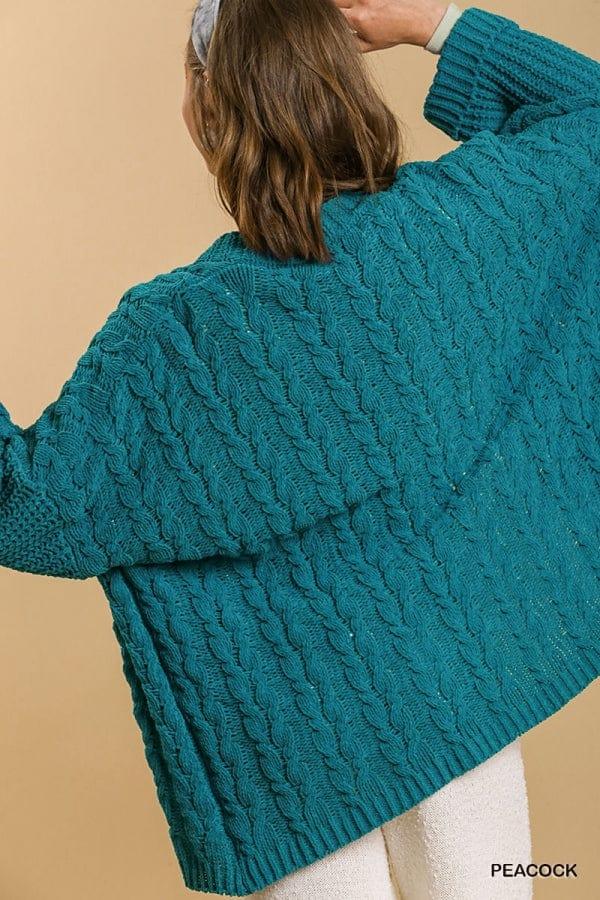 3/4 Folded Sleeve Open Front Cable Knit Sweater Cardigan in Teal - Esme and Elodie