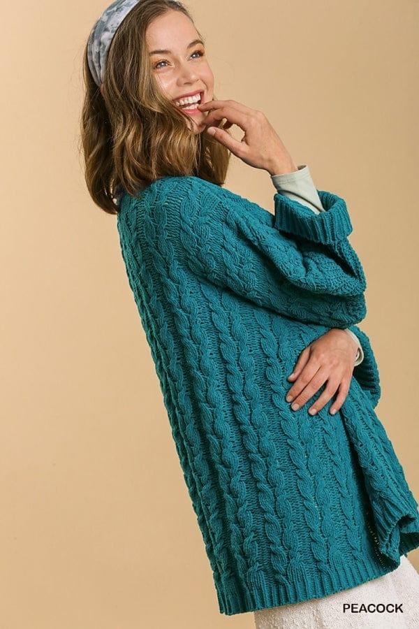 3/4 Folded Sleeve Open Front Cable Knit Sweater Cardigan in Teal - Esme and Elodie