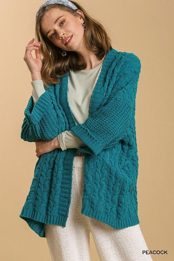 3/4 Folded Sleeve Open Front Cable Knit Sweater Cardigan in Teal - Esme and Elodie
