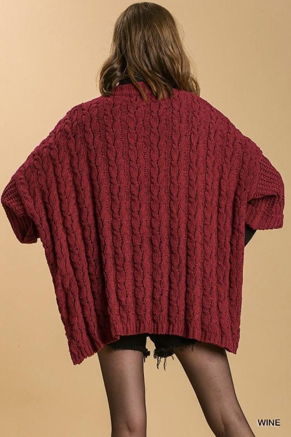 Plus Women's 3/4 Folded Sleeve Open Front Cable Knit Sweater Cardigan in Wine - Esme and Elodie