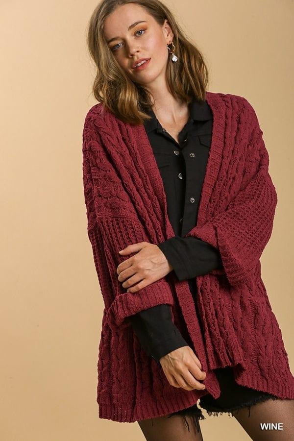 Plus Women's 3/4 Folded Sleeve Open Front Cable Knit Sweater Cardigan in Wine - Esme and Elodie
