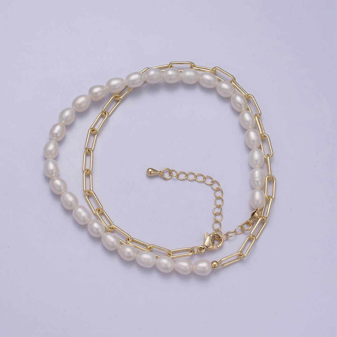 Simple Half Pearl Metal Paper Clip Chain Necklace in Gold
