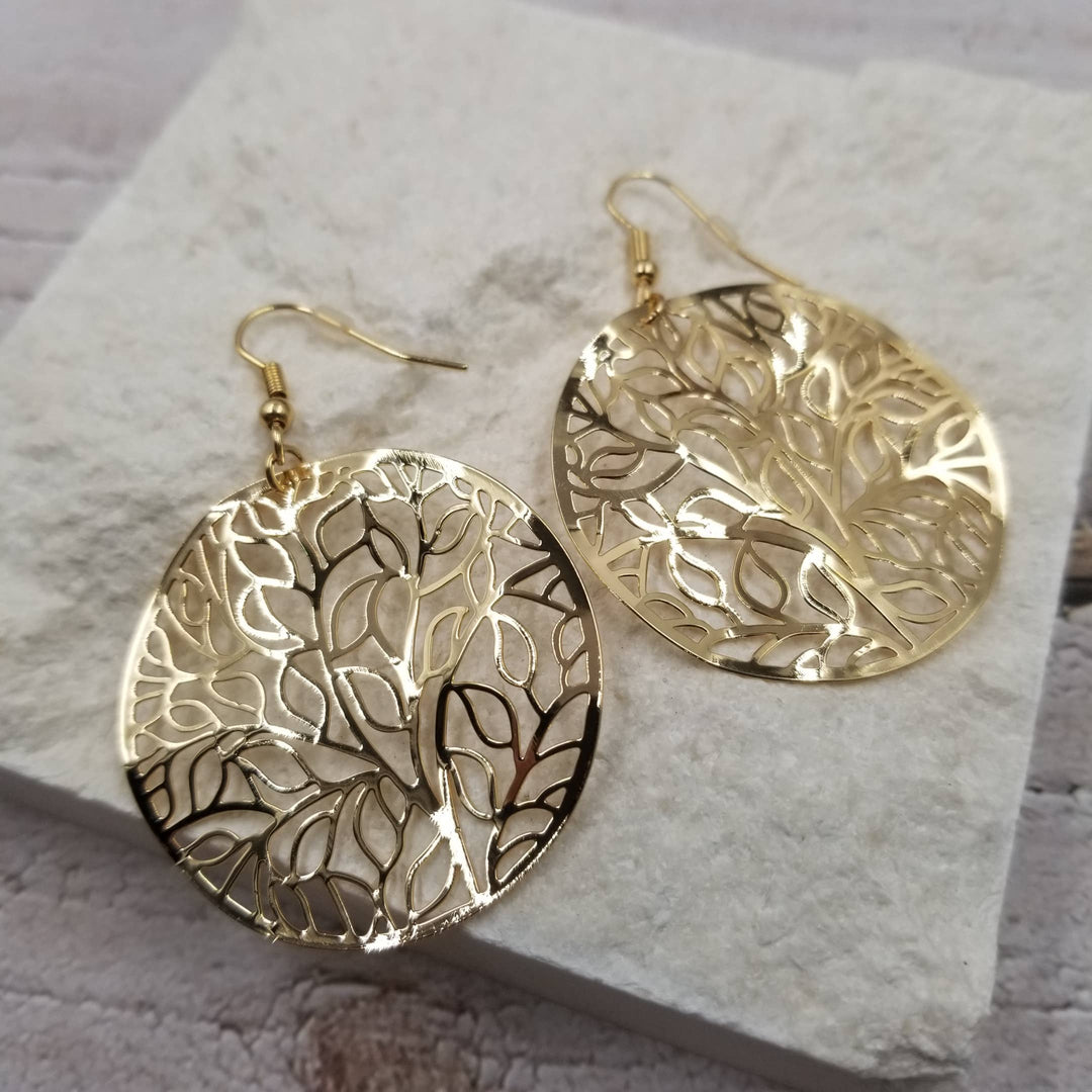 Treasure Wholesale - Gold Life Tree Circular Earrings