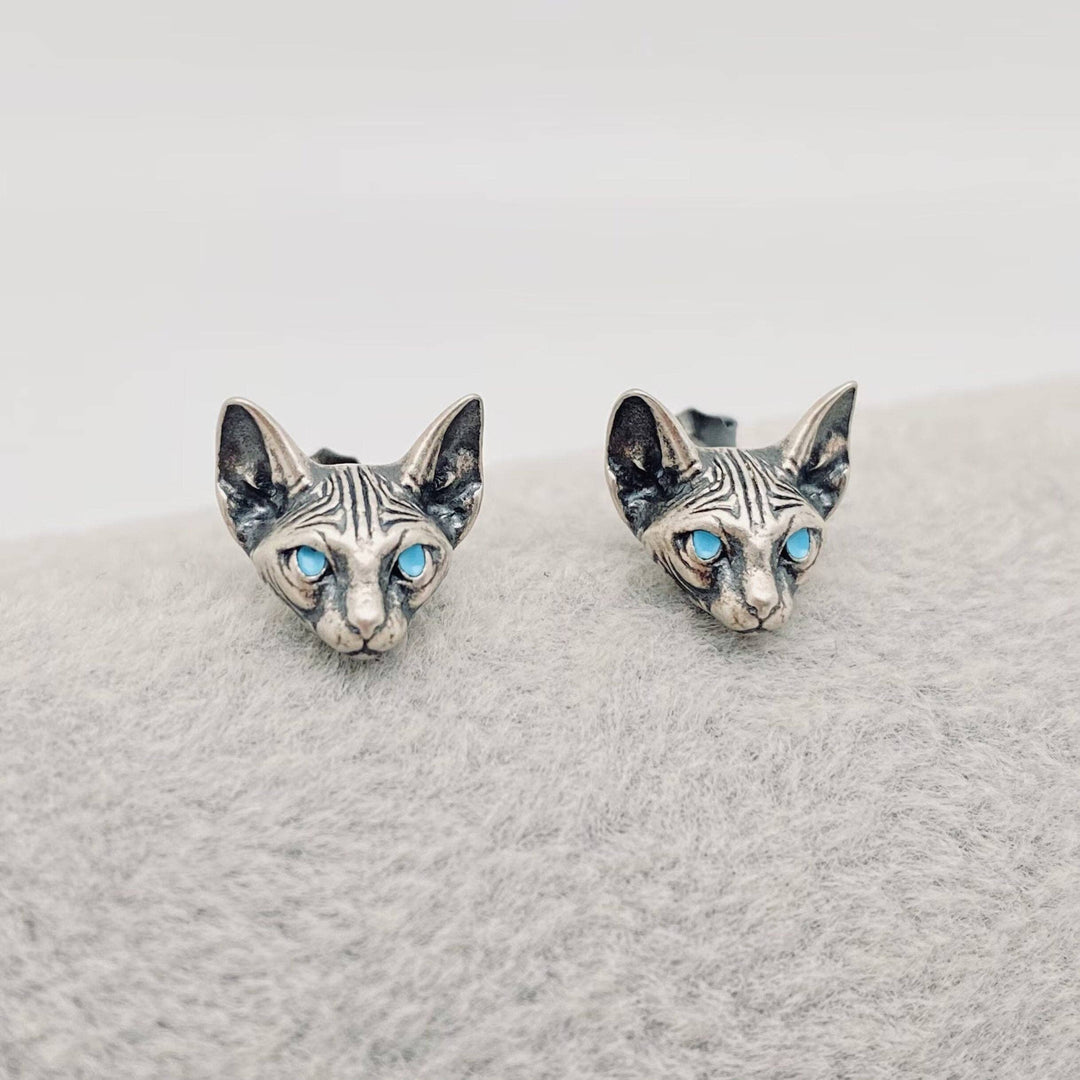 Mio Queena - 925 Sterling Silver Blue Eye Cat's Head Stud Earrings