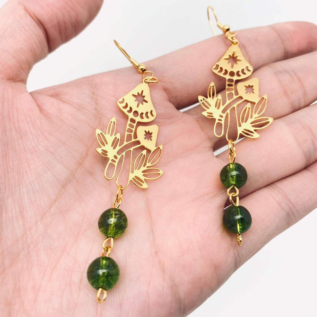 Mio Queena - Bohemian Green Phantom Crystal Mushroom Pendant Earrings