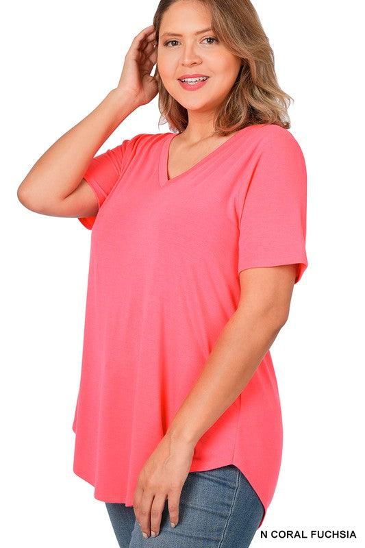 Women's Staple T- best selling V-Neck t-shirt- Neon Coral - Esme and Elodie