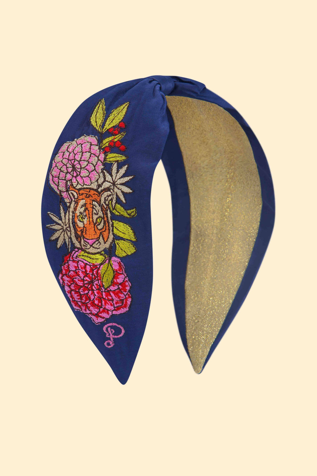 Powder Design inc - Satin Embroidered Headband - Floral Tiger Face in Indigo