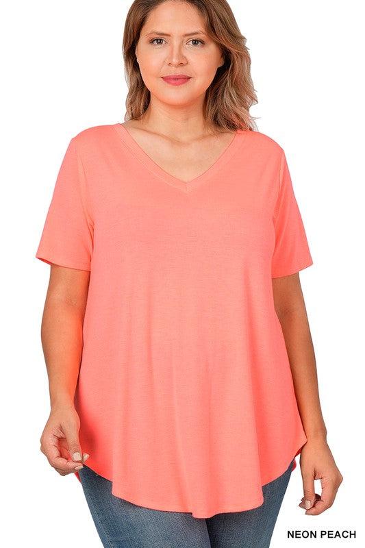 Plus Women's Staple T- best selling V-Neck t-shirt- Neon Peach - Esme and Elodie
