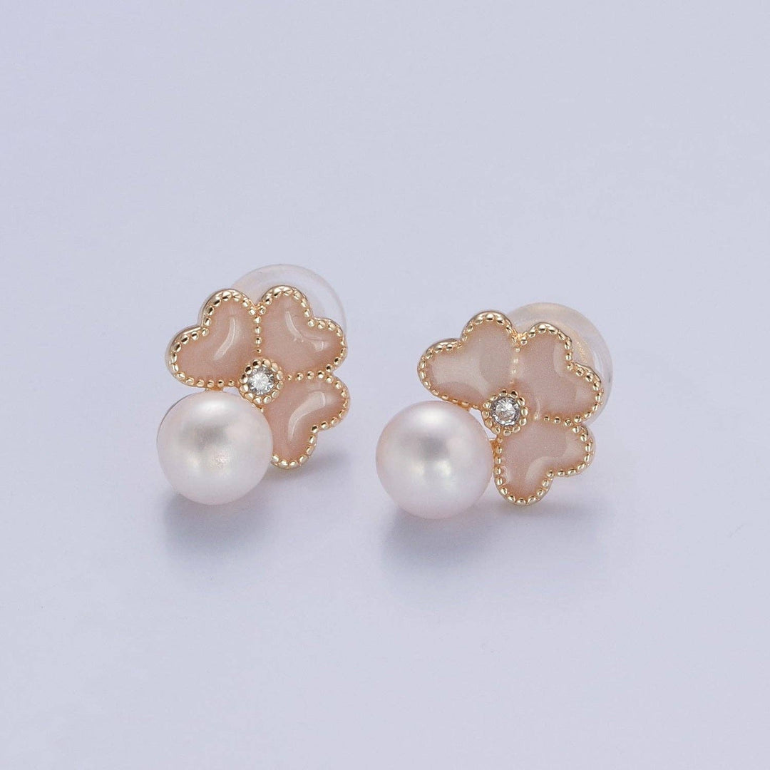 White Pearl Stud Earring with Pink Heart for Wedding Jewelry T-531