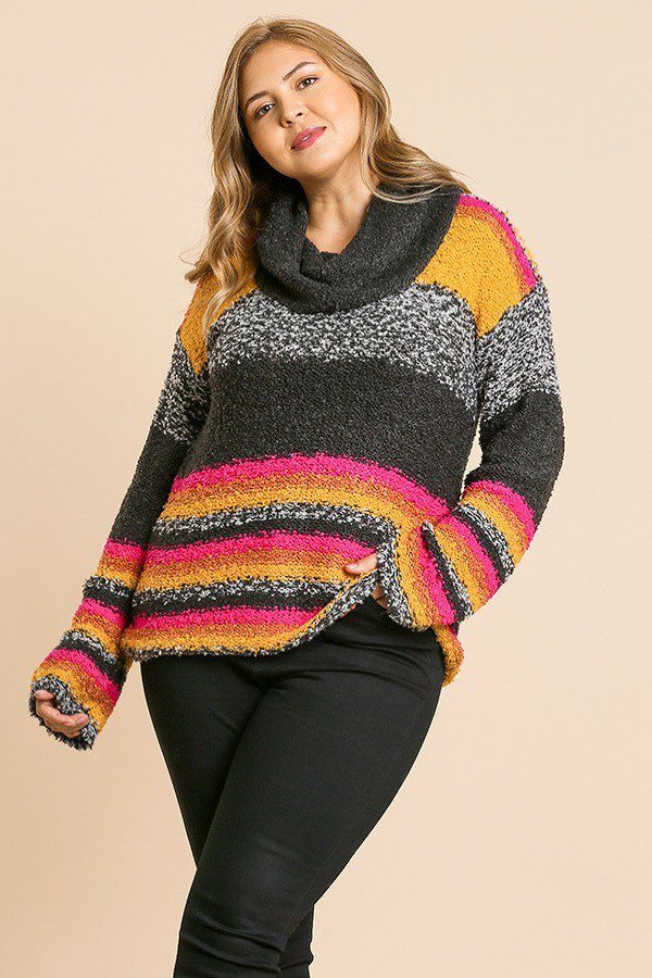 Plus Multicolor Striped Fuzzy Knit Long Sleeve Pullover