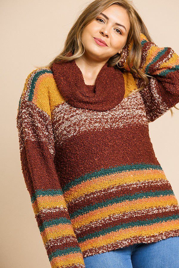 Plus Multicolor Striped Fuzzy Knit Long Sleeve Pullover