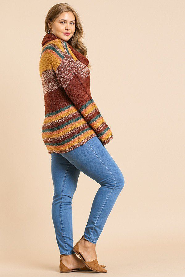 Plus Multicolor Striped Fuzzy Knit Long Sleeve Pullover