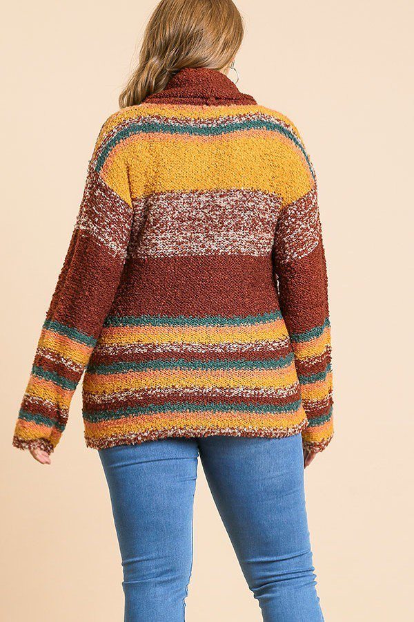 Plus Multicolor Striped Fuzzy Knit Long Sleeve Pullover