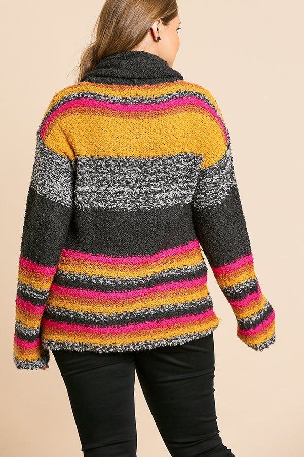 Plus Multicolor Striped Fuzzy Knit Long Sleeve Pullover