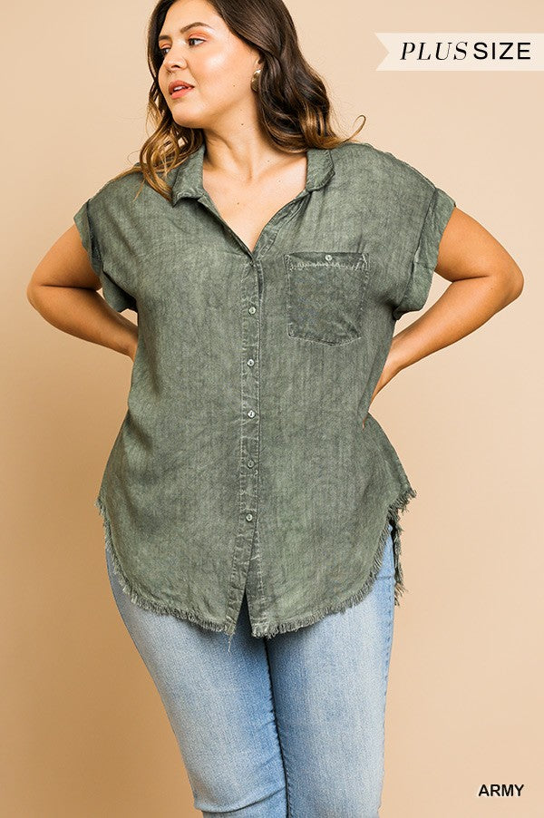 PLUS Washed Button Up Short Sleeve Top With Frayed Hemline