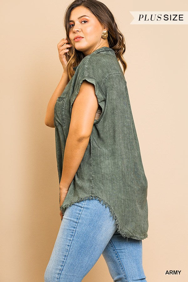 PLUS Washed Button Up Short Sleeve Top With Frayed Hemline