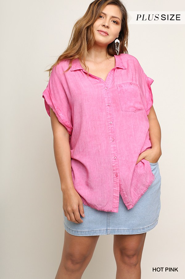 Plus Washed Button Up Short Sleeve Top With Frayed Hemline
