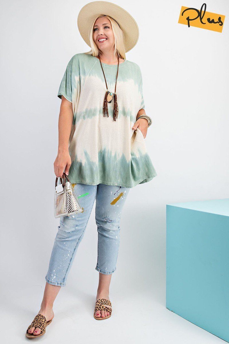 Plus Short Sleeves Wave Washed Sheer Rayon Knit Top