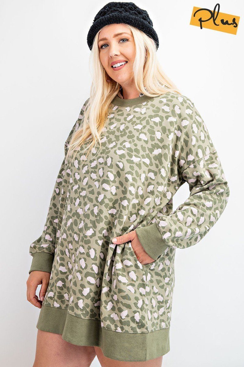 Plus Leopard Printed Terry Knit Dress