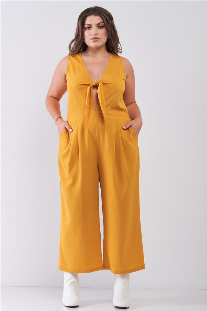 Plus Sleeveless V-neck Self-tie Front Detail Wide Leg Jumpsuit