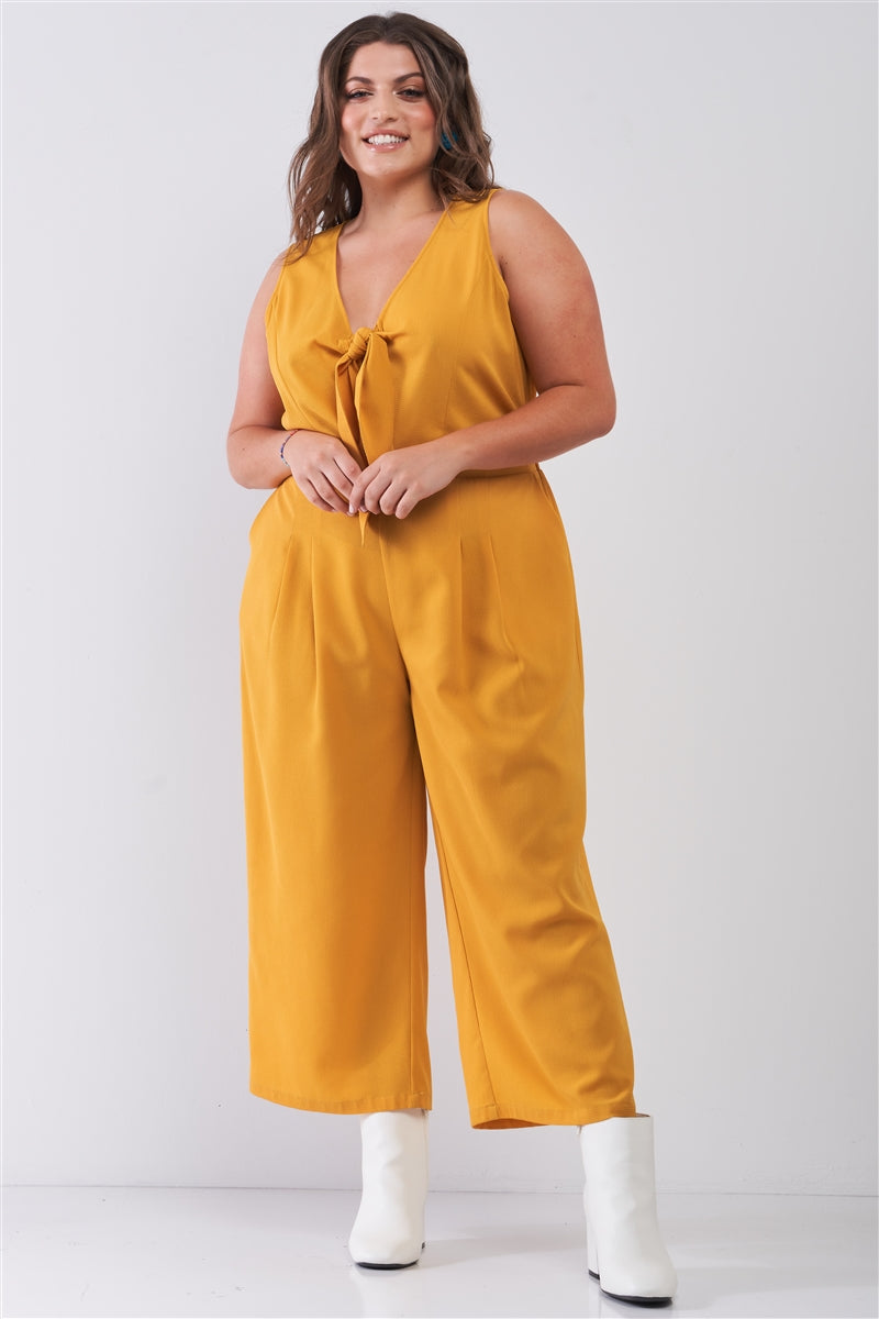 Plus Sleeveless V-neck Self-tie Front Detail Wide Leg Jumpsuit