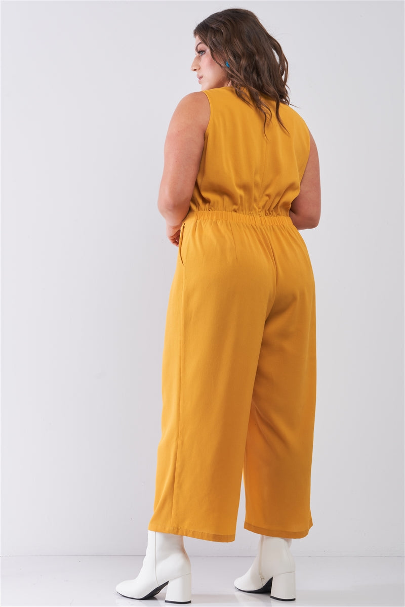 Plus Sleeveless V-neck Self-tie Front Detail Wide Leg Jumpsuit