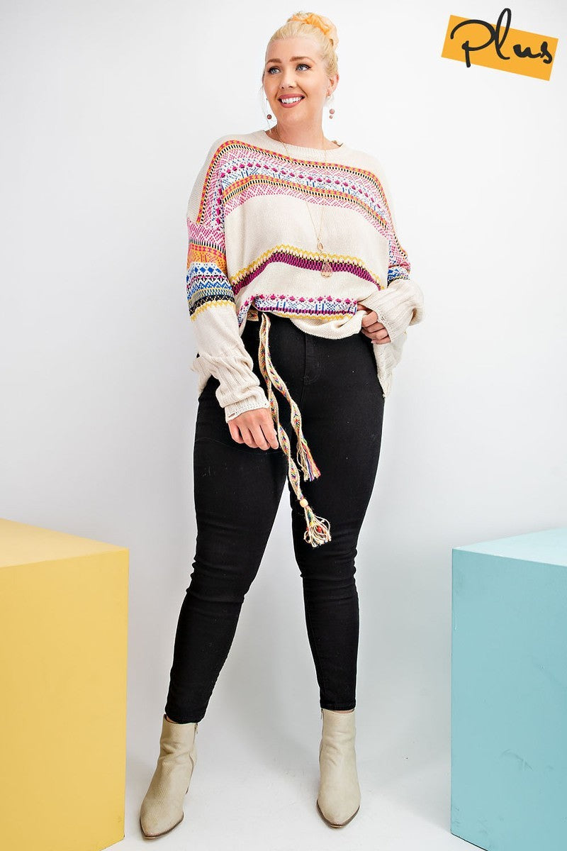 Plus Boho Patterned Knitted Sweater Pullover