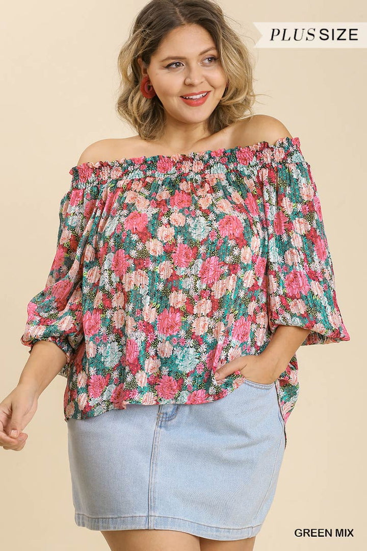 Plus Sheer Floral Print Metallic Threading Long Sleeve Off Shoulder Top With High Low Hem