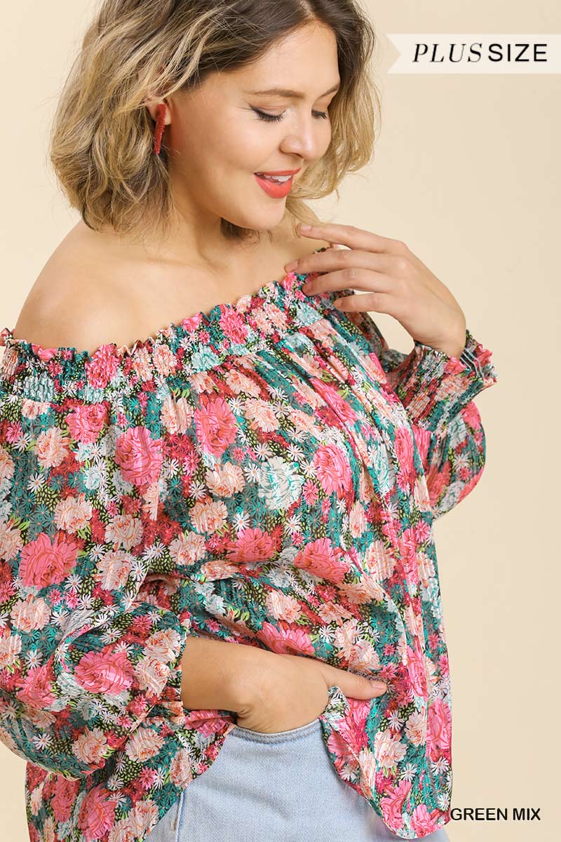 Plus Sheer Floral Print Metallic Threading Long Sleeve Off Shoulder Top With High Low Hem