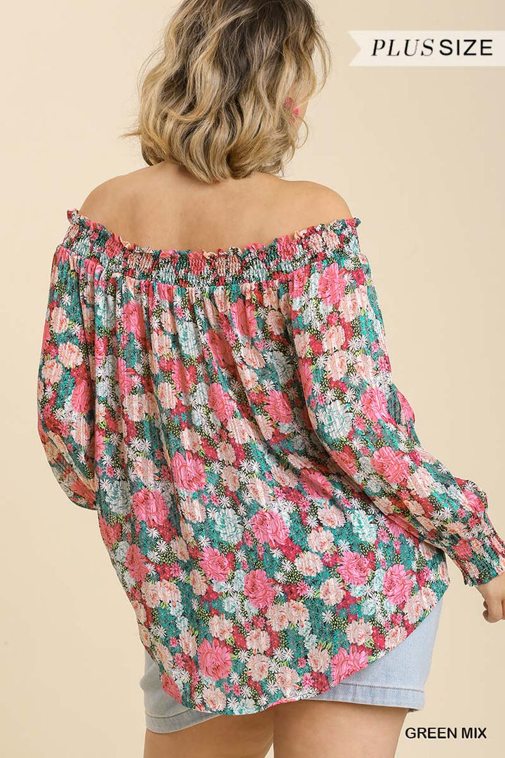 Plus Sheer Floral Print Metallic Threading Long Sleeve Off Shoulder Top With High Low Hem