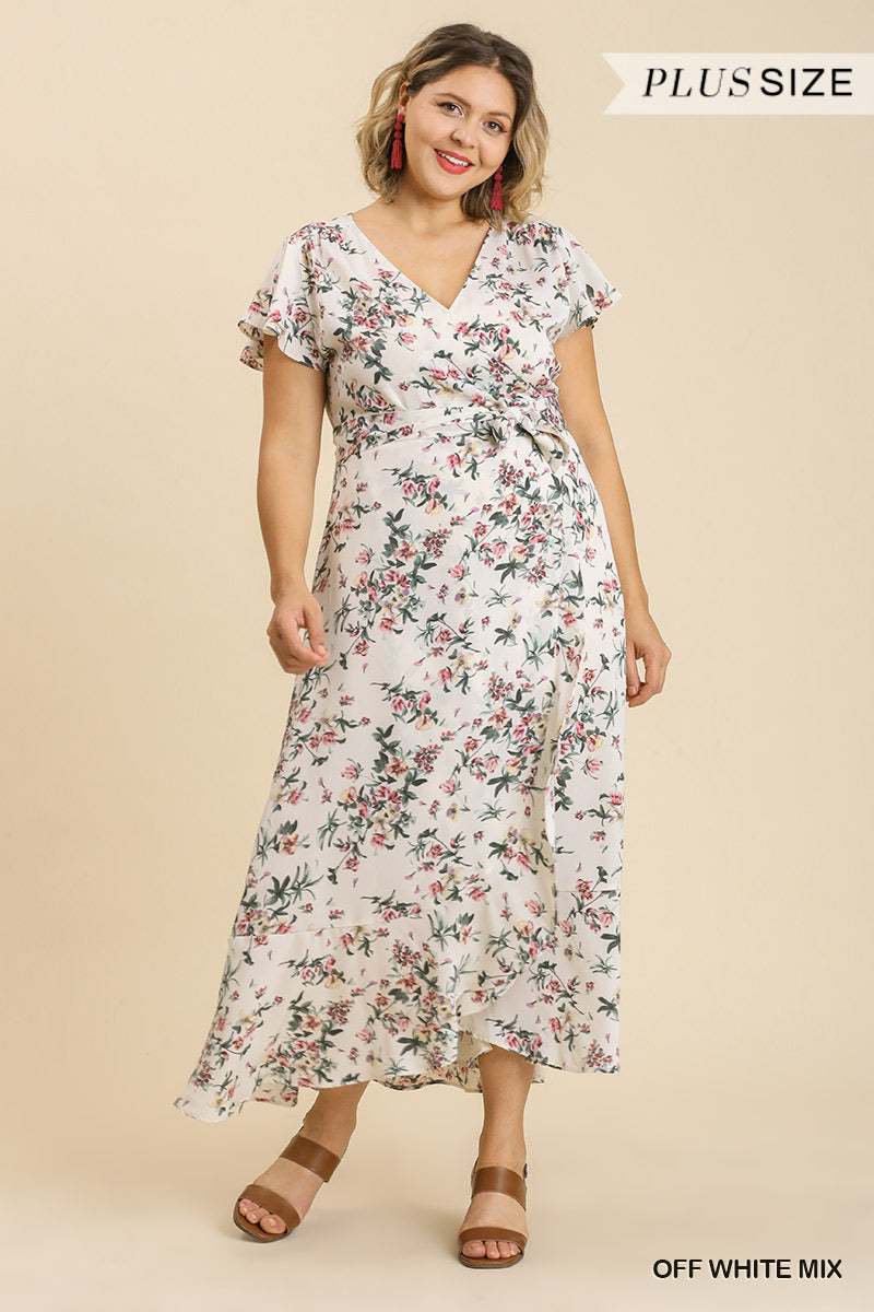 Plus Floral Print Wrapped Short Ruffle Sleeve Maxi Dress With No Lining