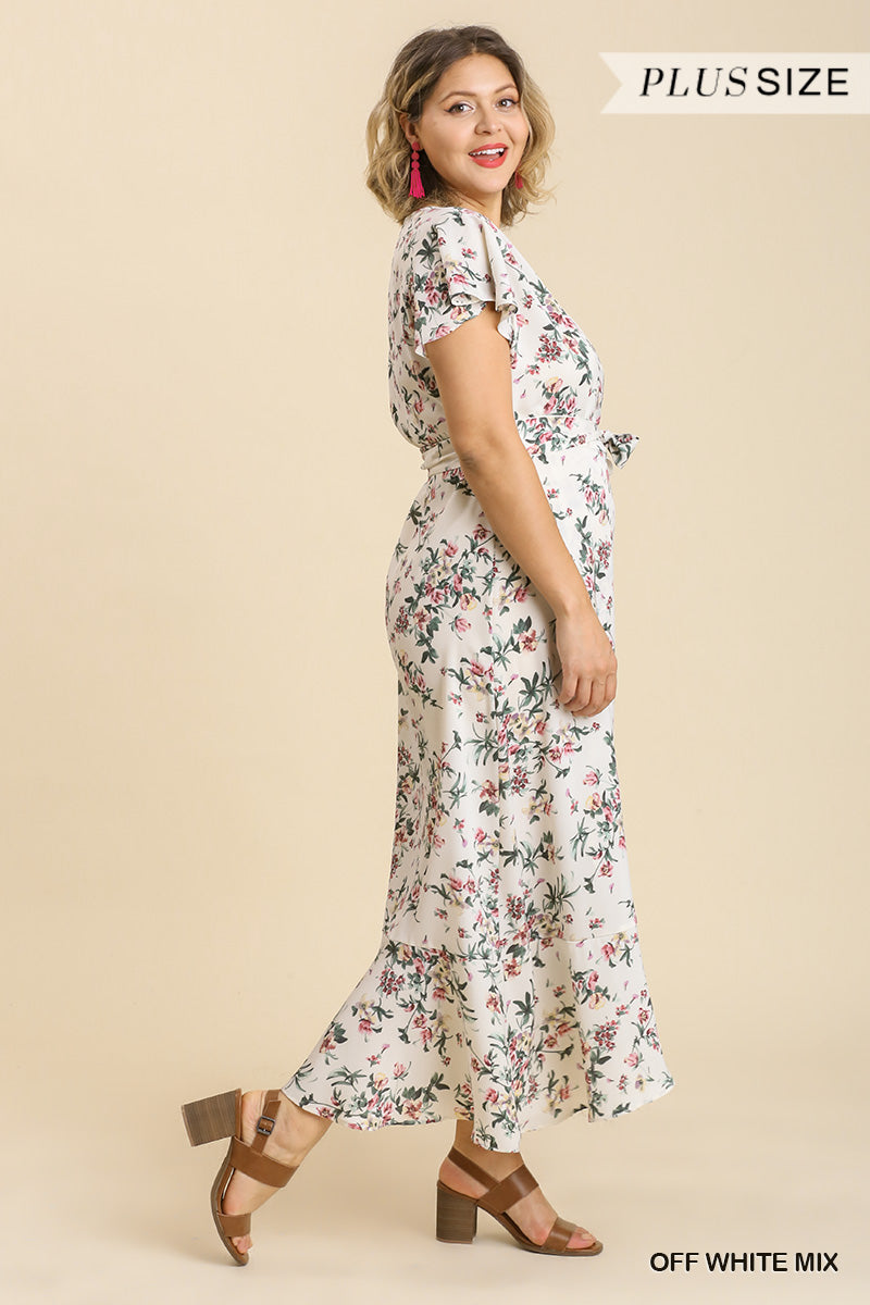 Plus Floral Print Wrapped Short Ruffle Sleeve Maxi Dress With No Lining