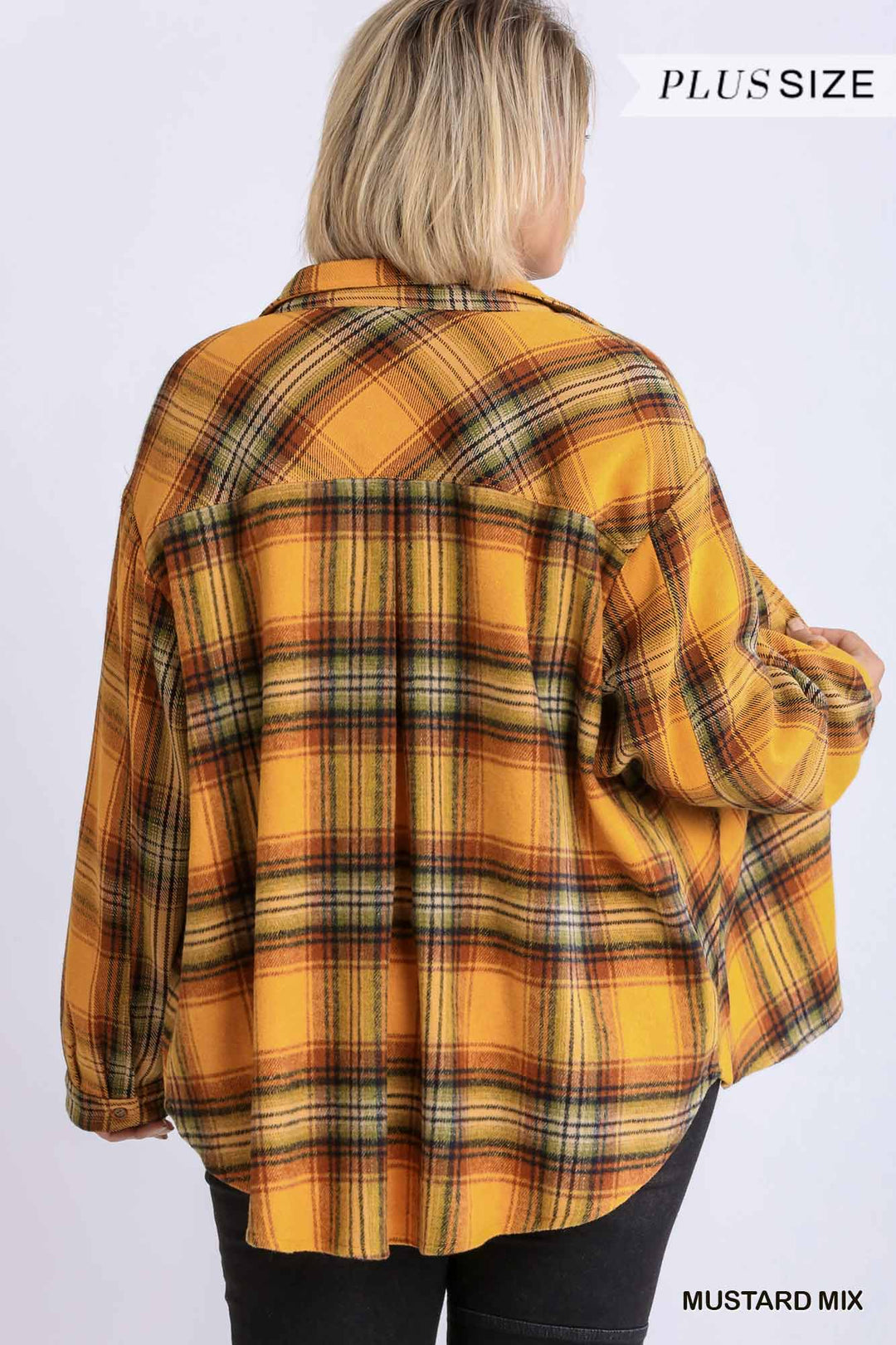 Plus Plaid Collar Button Down Overshirt With Front Pockets