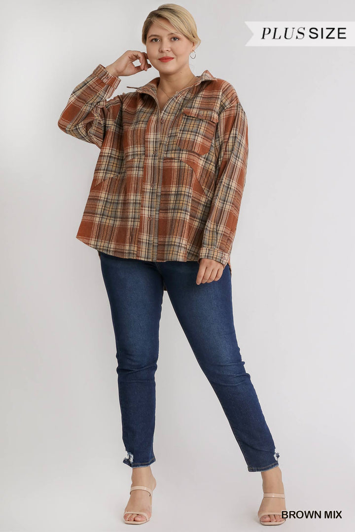 Plus Plaid Collar Button Down Overshirt With Front Pockets