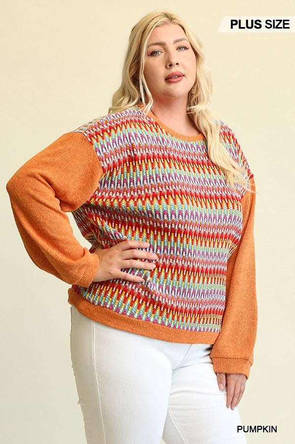 PLUS Novelty Knit And Solid Knit Mixed Loose Top With Drop Down Shoulder