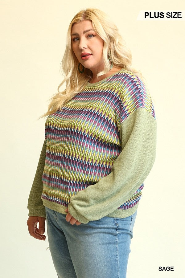 PLUS Novelty Knit And Solid Knit Mixed Loose Top With Drop Down Shoulder