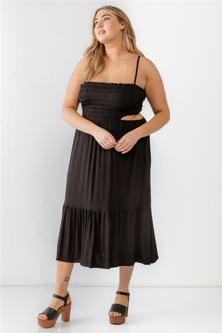 Plus Smocked Cut-out Strappy Flare Hem Midi Dress