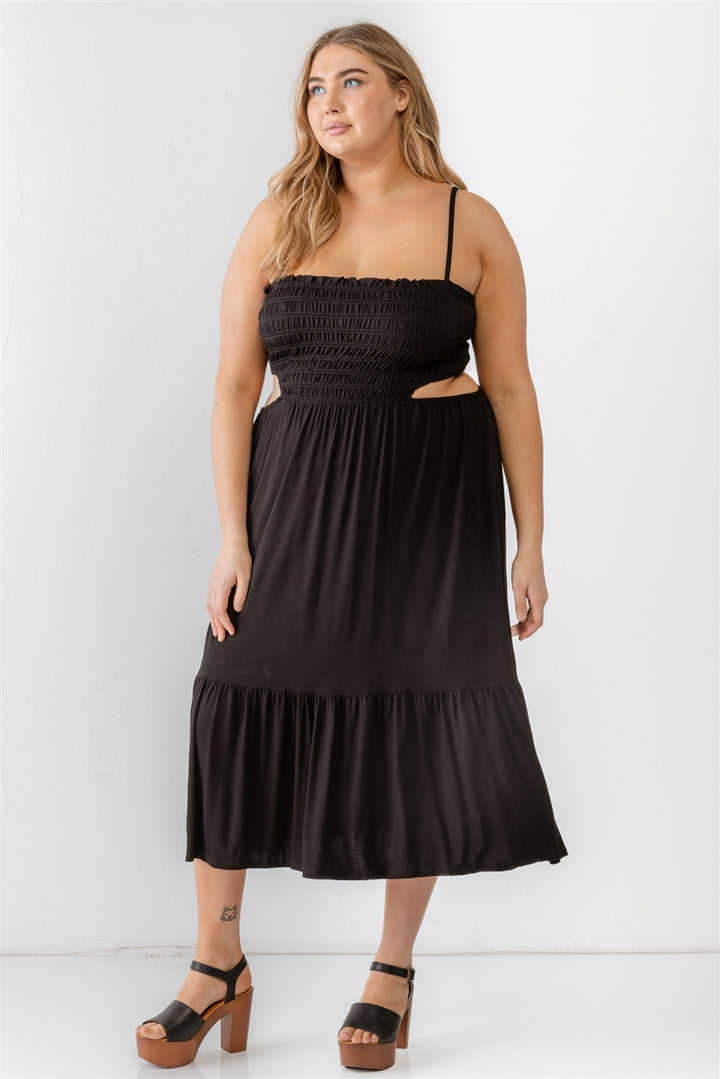 Plus Smocked Cut-out Strappy Flare Hem Midi Dress