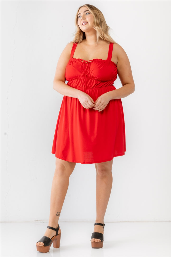 Plus Red Woven Ruffle Sleeveless Mini Dress