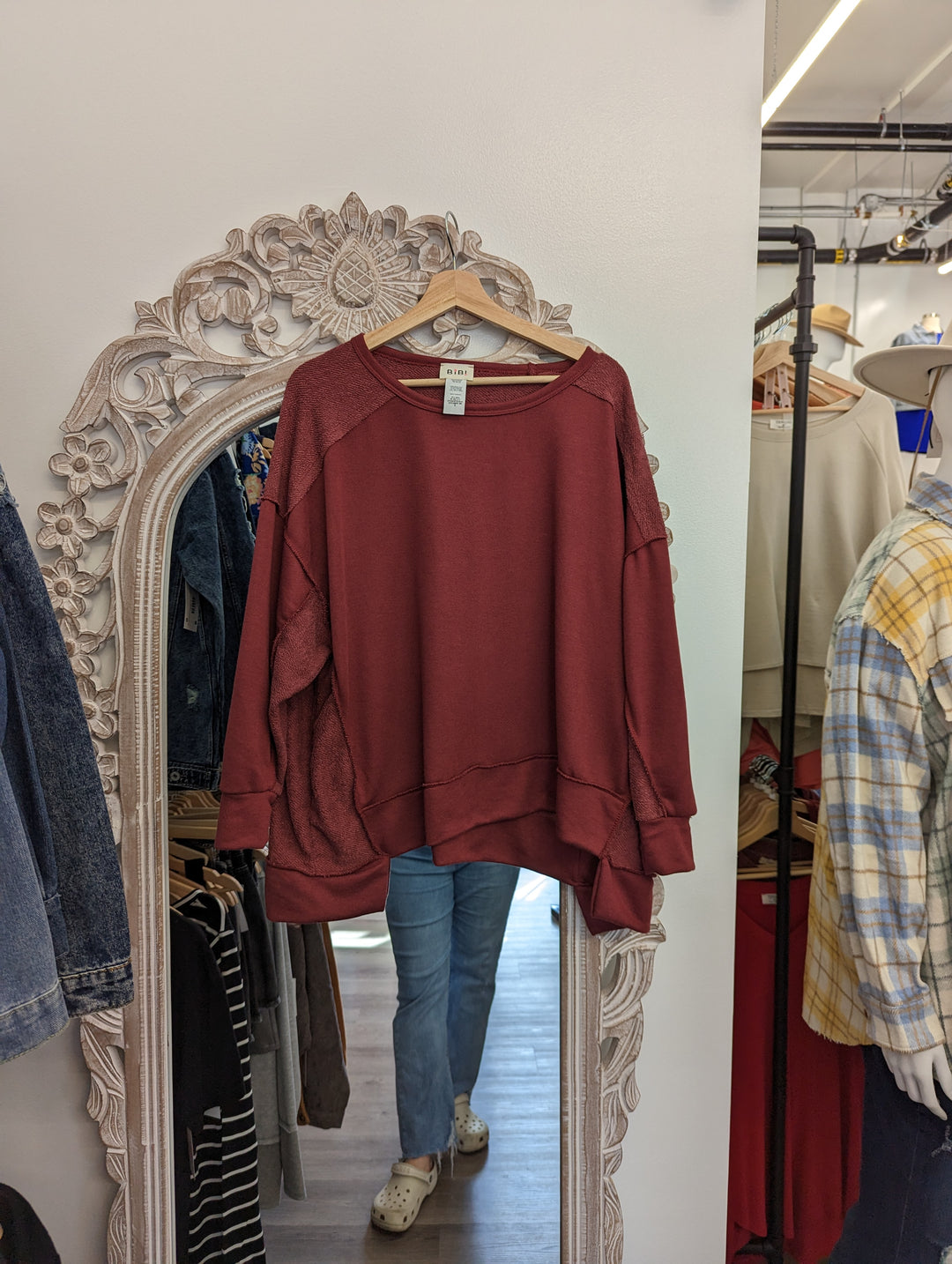 Women's Burgundy Color Reversed Terry Contrast Block Uneven Hem Sweatshirt -Bibi
