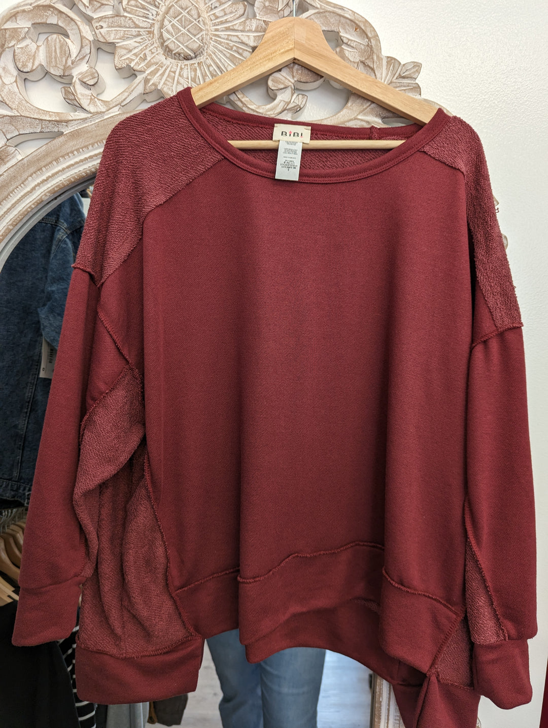 Women's Burgundy Color Reversed Terry Contrast Block Uneven Hem Sweatshirt -Bibi